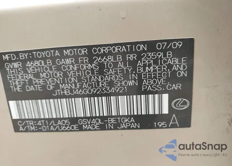 2009 Lexus Es 350 from USA, damaged, VIN JTHBJ46G092334921